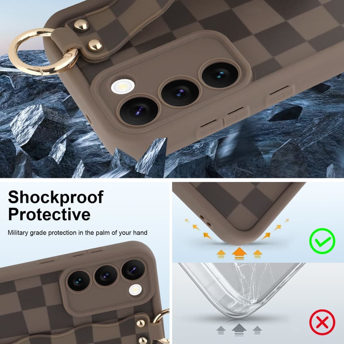 OOK Compatible with Samsung Galaxy S23 Plus Checkerd Case with Wrist Strap, Cute Brown Checkered Checkerboard TPU Shockproof Protection Slim Cover with Camera Protection for Women Girls, for 6.6inch thumbnail 3