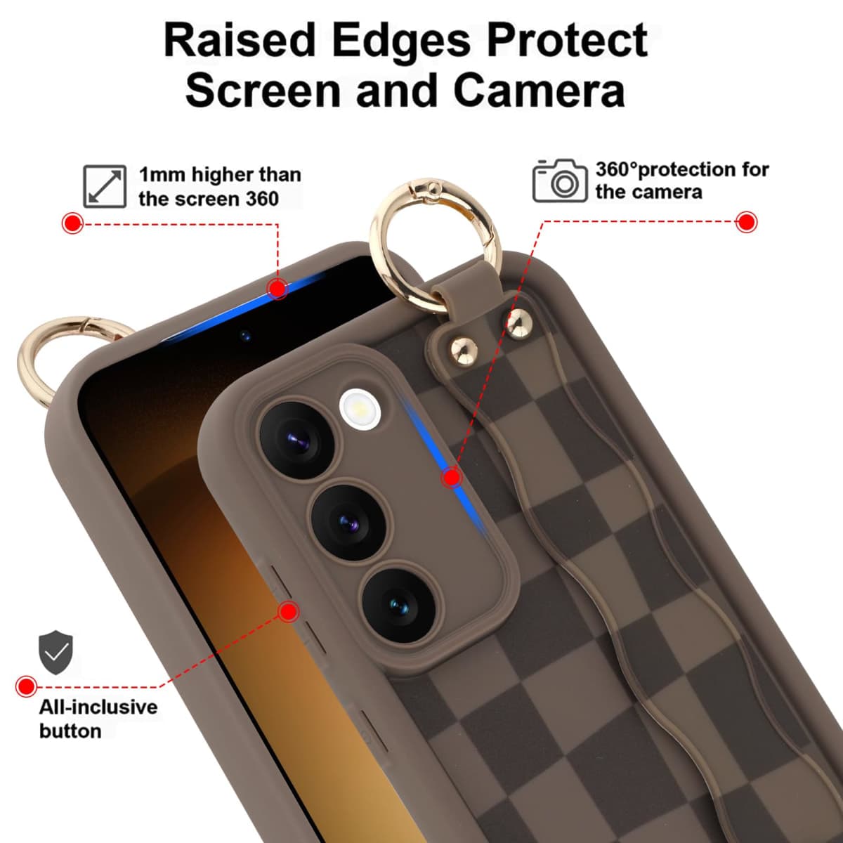 OOK Compatible with Samsung Galaxy S23 Plus Checkerd Case with Wrist Strap, Cute Brown Checkered Checkerboard TPU Shockproof Protection Slim Cover with Camera Protection for Women Girls, for 6.6inch thumbnail 4