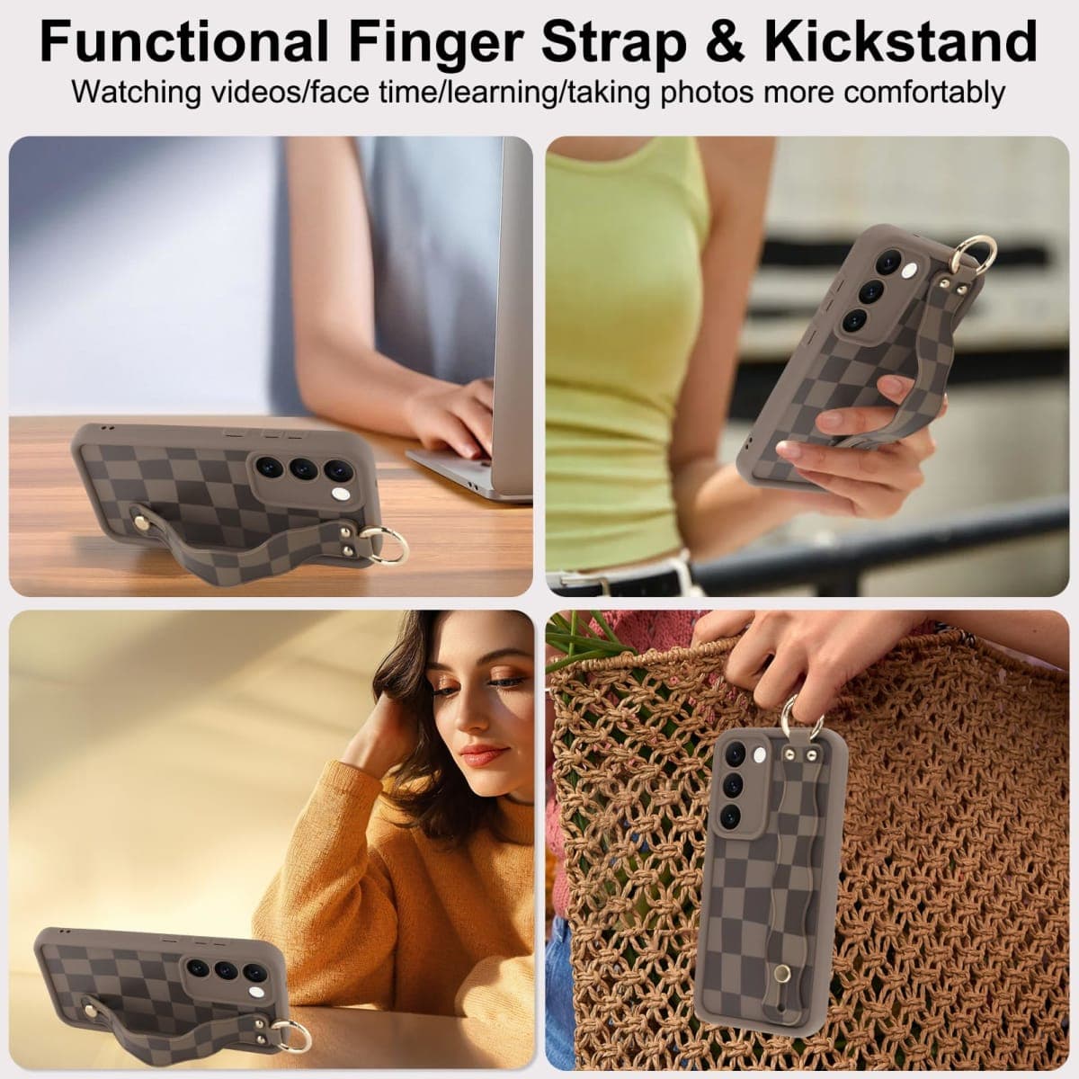 OOK Compatible with Samsung Galaxy S23 Plus Checkerd Case with Wrist Strap, Cute Brown Checkered Checkerboard TPU Shockproof Protection Slim Cover with Camera Protection for Women Girls, for 6.6inch thumbnail 5