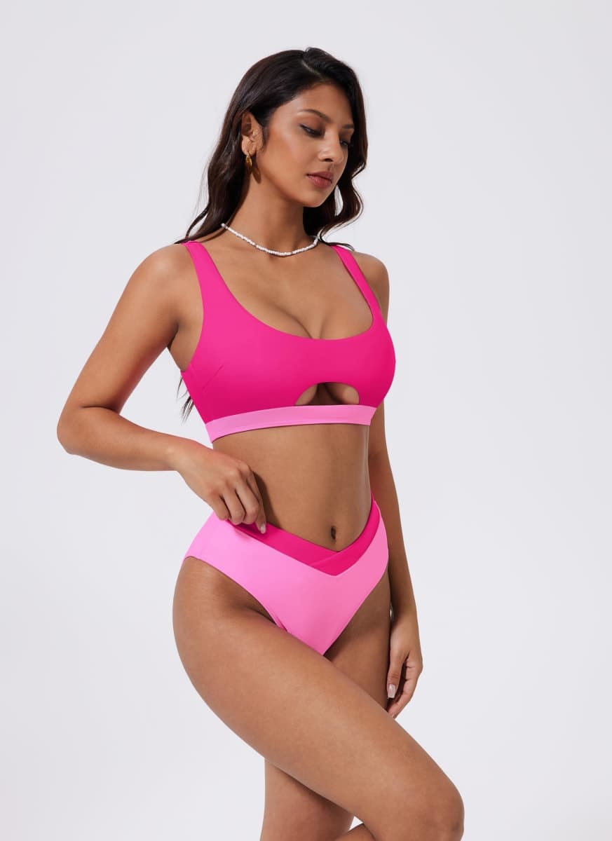 SUUKSESS Women Cutout Color Block Bikini Sets Sexy High Cut 2 Piece Bathing Suit, Pink Color Block, Small thumbnail 3