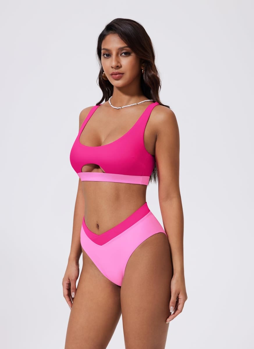 SUUKSESS Women Cutout Color Block Bikini Sets Sexy High Cut 2 Piece Bathing Suit, Pink Color Block, Small thumbnail 4