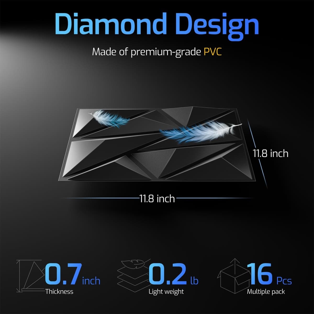 ZELMINE 16 Pack 3D Wall Panels for Interior Wall Decor, 11.8'' x 11.8'' Decorative Wall Panels, Accent Wall Panels, 3D Diamond Design Wall Decor for Living Room, Bedroom, Gaming Room, Black thumbnail 3