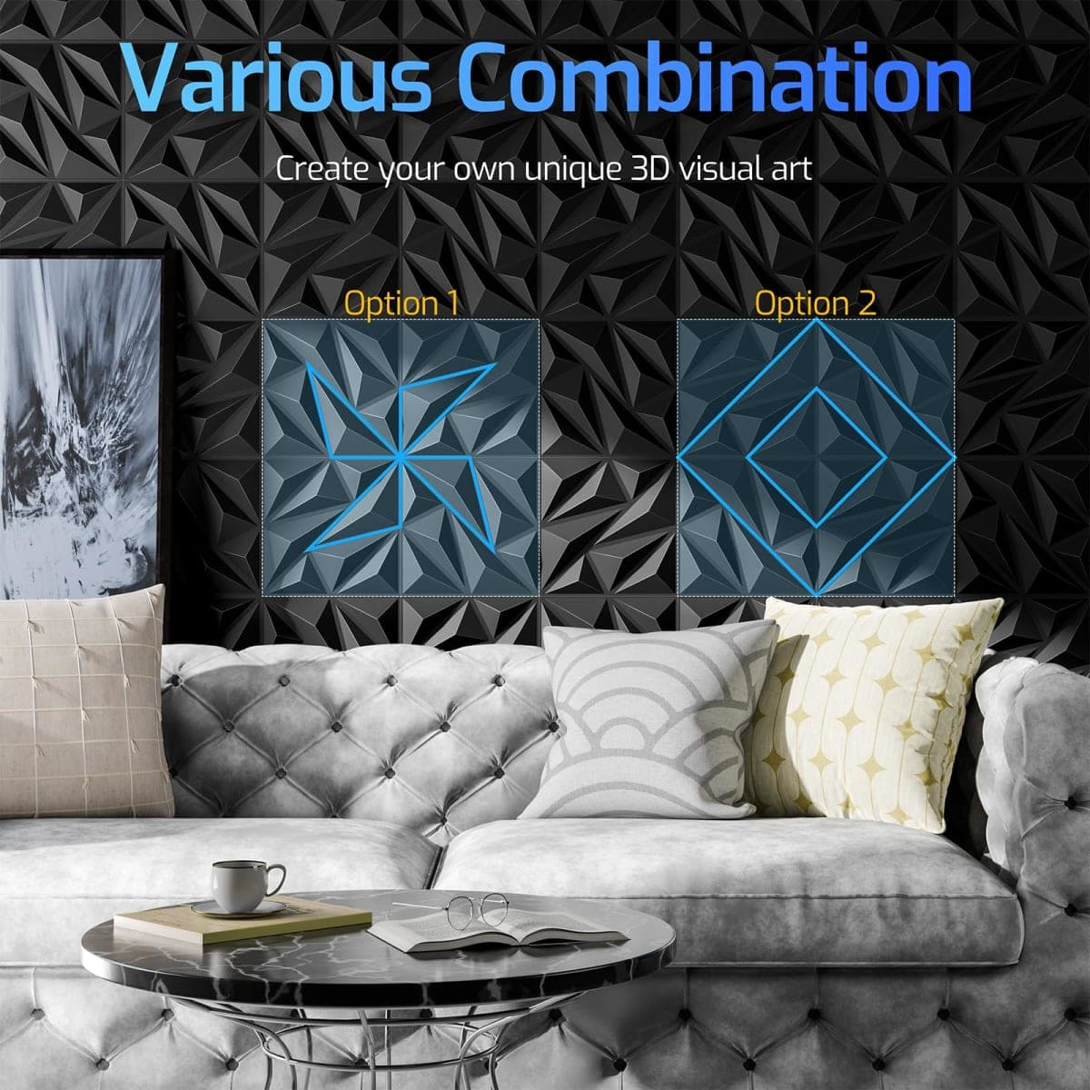 ZELMINE 16 Pack 3D Wall Panels for Interior Wall Decor, 11.8'' x 11.8'' Decorative Wall Panels, Accent Wall Panels, 3D Diamond Design Wall Decor for Living Room, Bedroom, Gaming Room, Black thumbnail 4