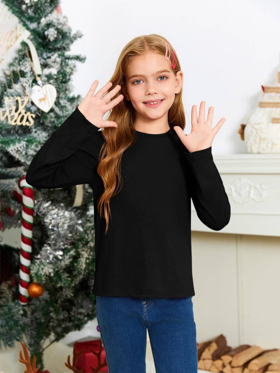 Haloumoning Girls Long Sleeve T Shirts Kids Fall Tops Crewneck Basic Tees 5-14Y, Black, 11-12 Years thumbnail 3