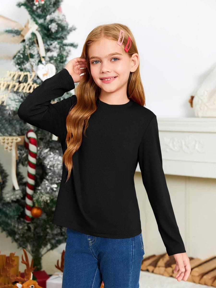 Haloumoning Girls Long Sleeve T Shirts Kids Fall Tops Crewneck Basic Tees 5-14Y, Black, 11-12 Years thumbnail 4