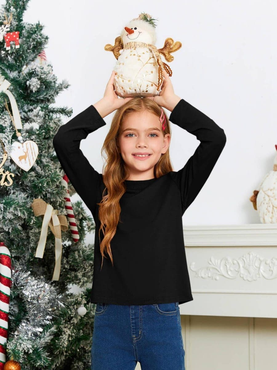 Haloumoning Girls Long Sleeve T Shirts Kids Fall Tops Crewneck Basic Tees 5-14Y, Black, 11-12 Years thumbnail 5