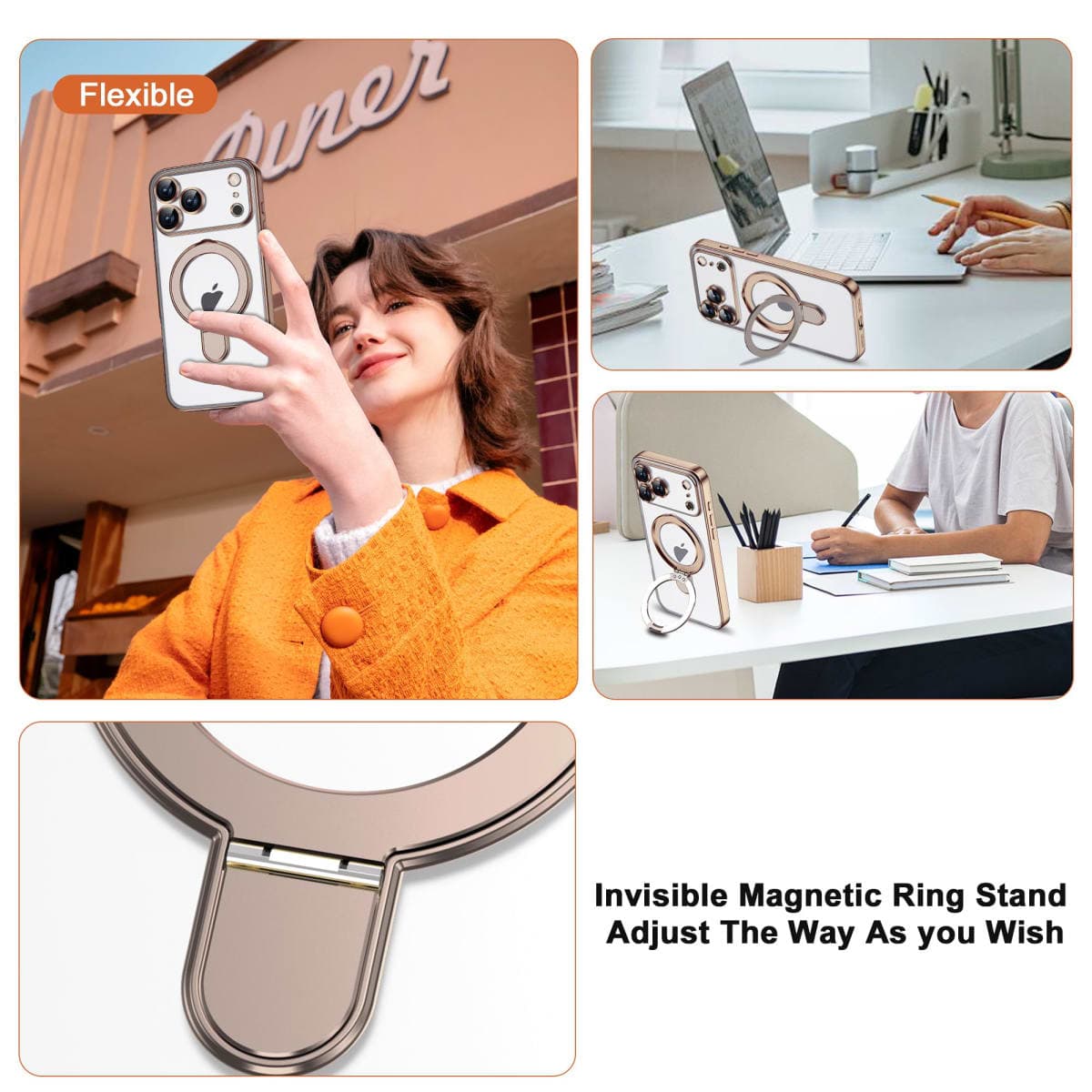 ETPESOK Compatible with iPhone 2025 Pro Max Case with Magnetic Ring Stand [Compatible with Mag-Safe] [Full Camera Lens Protector] Plating Clear Phone Case for iPhone 2025 Pro Max 6.9", Desert Gold thumbnail 3
