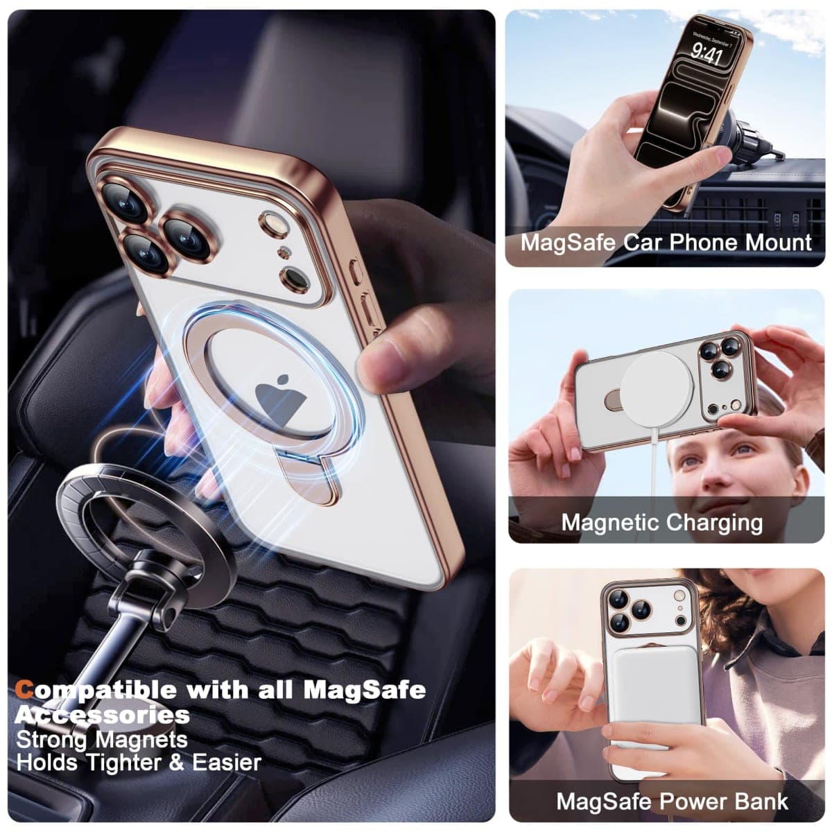 ETPESOK Compatible with iPhone 2025 Pro Max Case with Magnetic Ring Stand [Compatible with Mag-Safe] [Full Camera Lens Protector] Plating Clear Phone Case for iPhone 2025 Pro Max 6.9", Desert Gold thumbnail 5