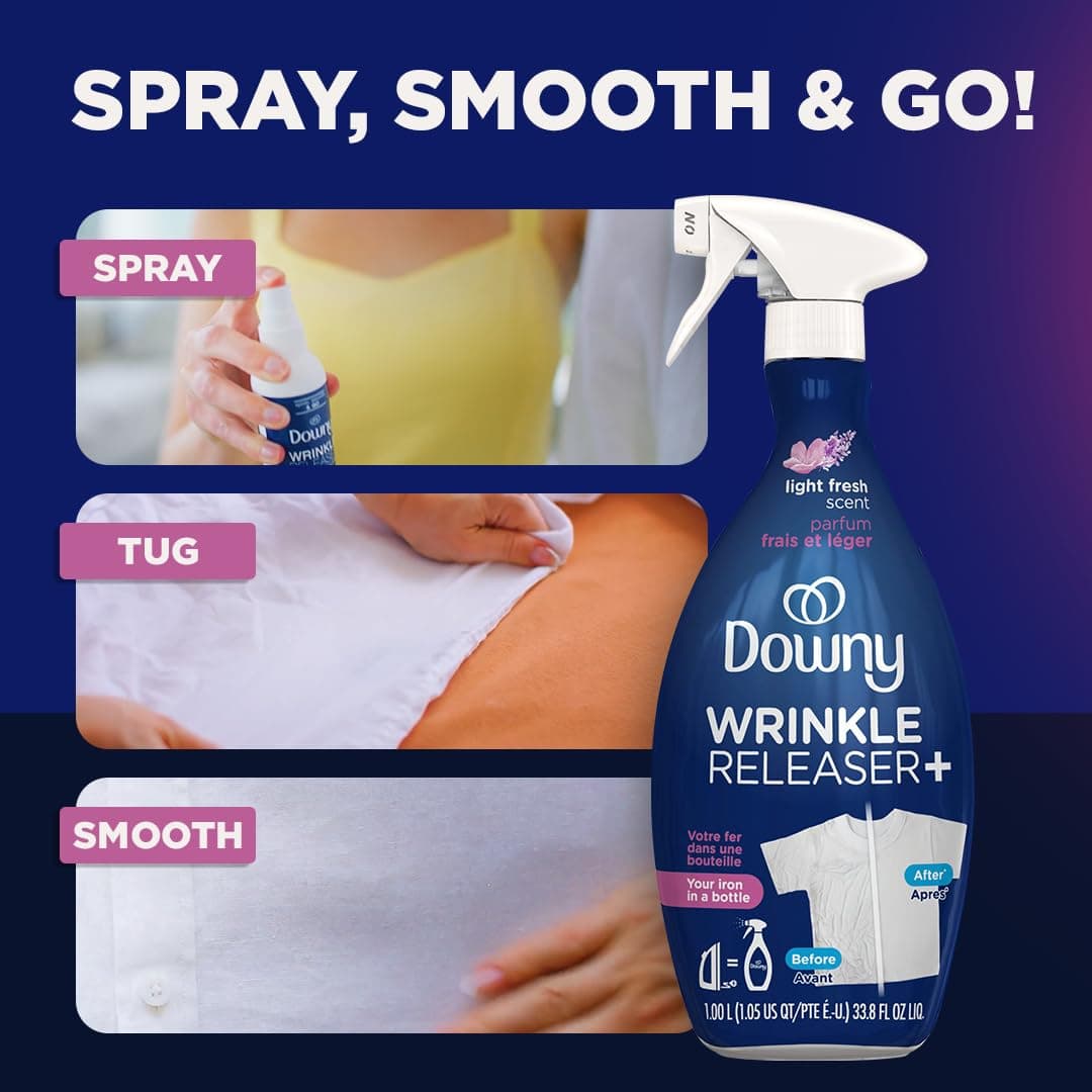 Downy Wrinkle Releaser Fabric Refresher Spray, Odor Eliminator, Ironing Aid and Anti Static Spray, Light Fresh Scent, 33.8 Fl Oz thumbnail 3