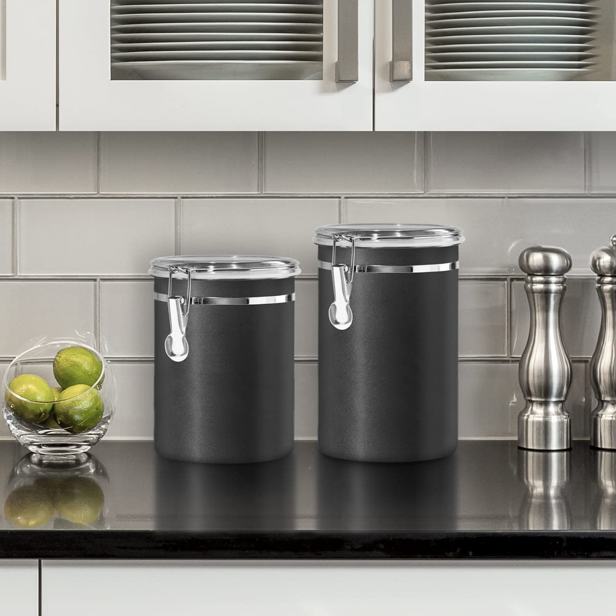 Oggi Stainless Steel Kitchen Canister 62 fl oz, Black - Airtight Clamp Lid, Clear See-Thru Top - Ideal for Kitchen Storage, Food Storage, Pantry Storage. Large Size 5" x 7.5". thumbnail 2