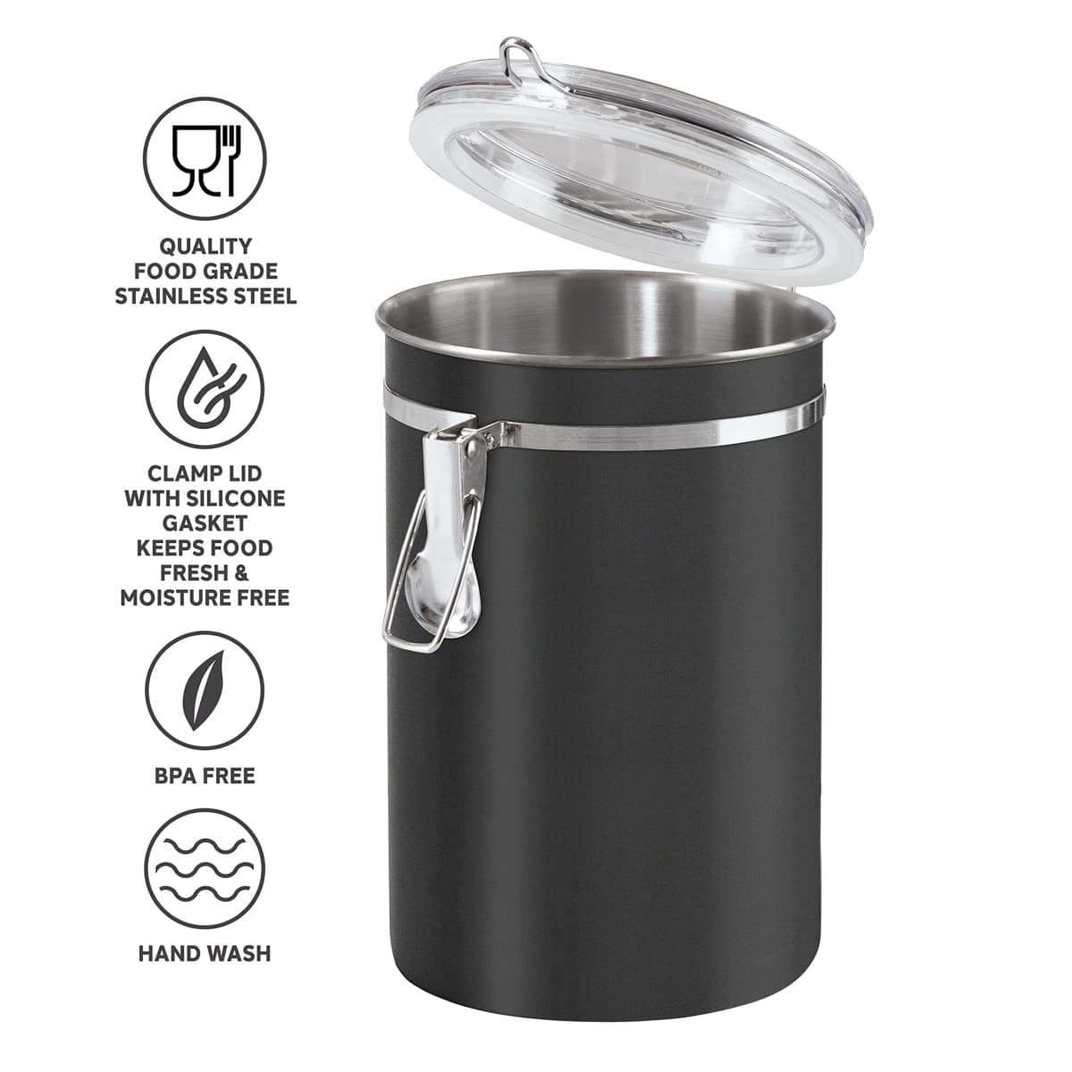 Oggi Stainless Steel Kitchen Canister 62 fl oz, Black - Airtight Clamp Lid, Clear See-Thru Top - Ideal for Kitchen Storage, Food Storage, Pantry Storage. Large Size 5" x 7.5". thumbnail 3
