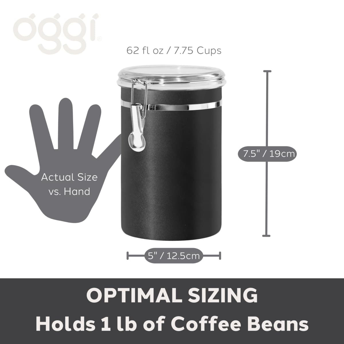 Oggi Stainless Steel Kitchen Canister 62 fl oz, Black - Airtight Clamp Lid, Clear See-Thru Top - Ideal for Kitchen Storage, Food Storage, Pantry Storage. Large Size 5" x 7.5". thumbnail 5