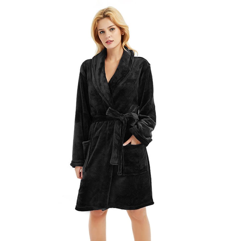 U2SKIIN Women Fleece Robe, Short Cozy Plush Robes for Womens Soft Shawl Collar Warm Spa Bathrobe(Black, S/M) thumbnail 3