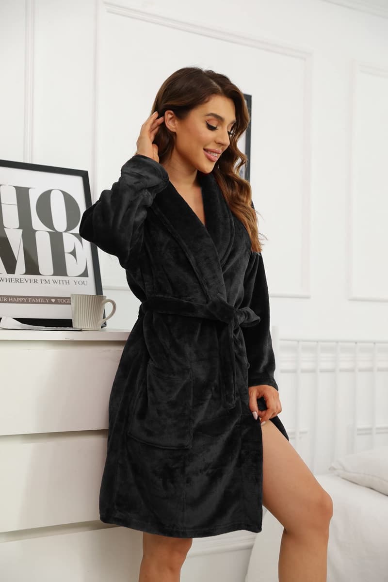 U2SKIIN Women Fleece Robe, Short Cozy Plush Robes for Womens Soft Shawl Collar Warm Spa Bathrobe(Black, S/M) thumbnail 4