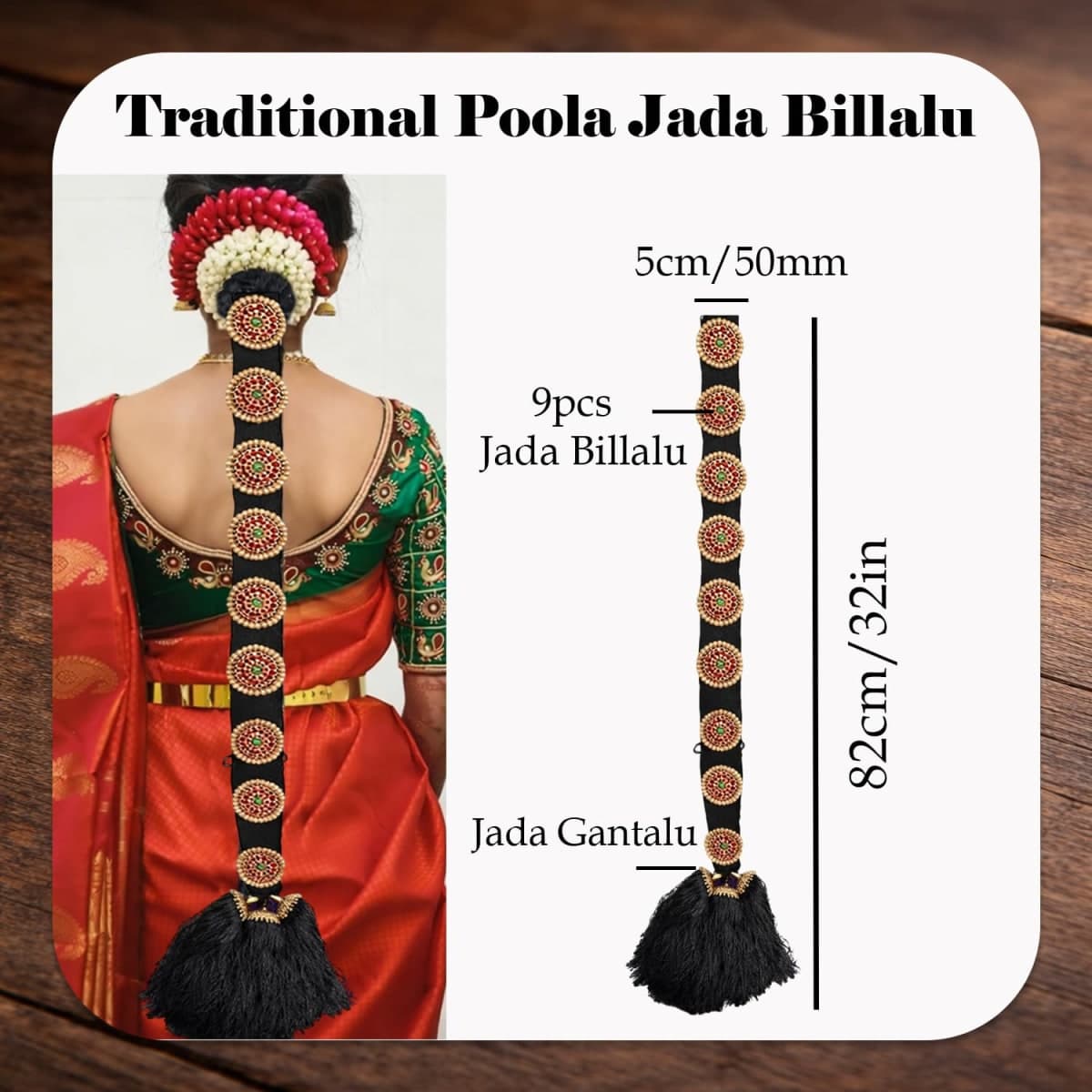 THANU'S CRAFT Bridal False Hair Choti Poola Jada Billalu Ornament Set Full Moon Shape Temple Jewellery Bharatanatyam Classical Dance Jewelry for Women. thumbnail 3