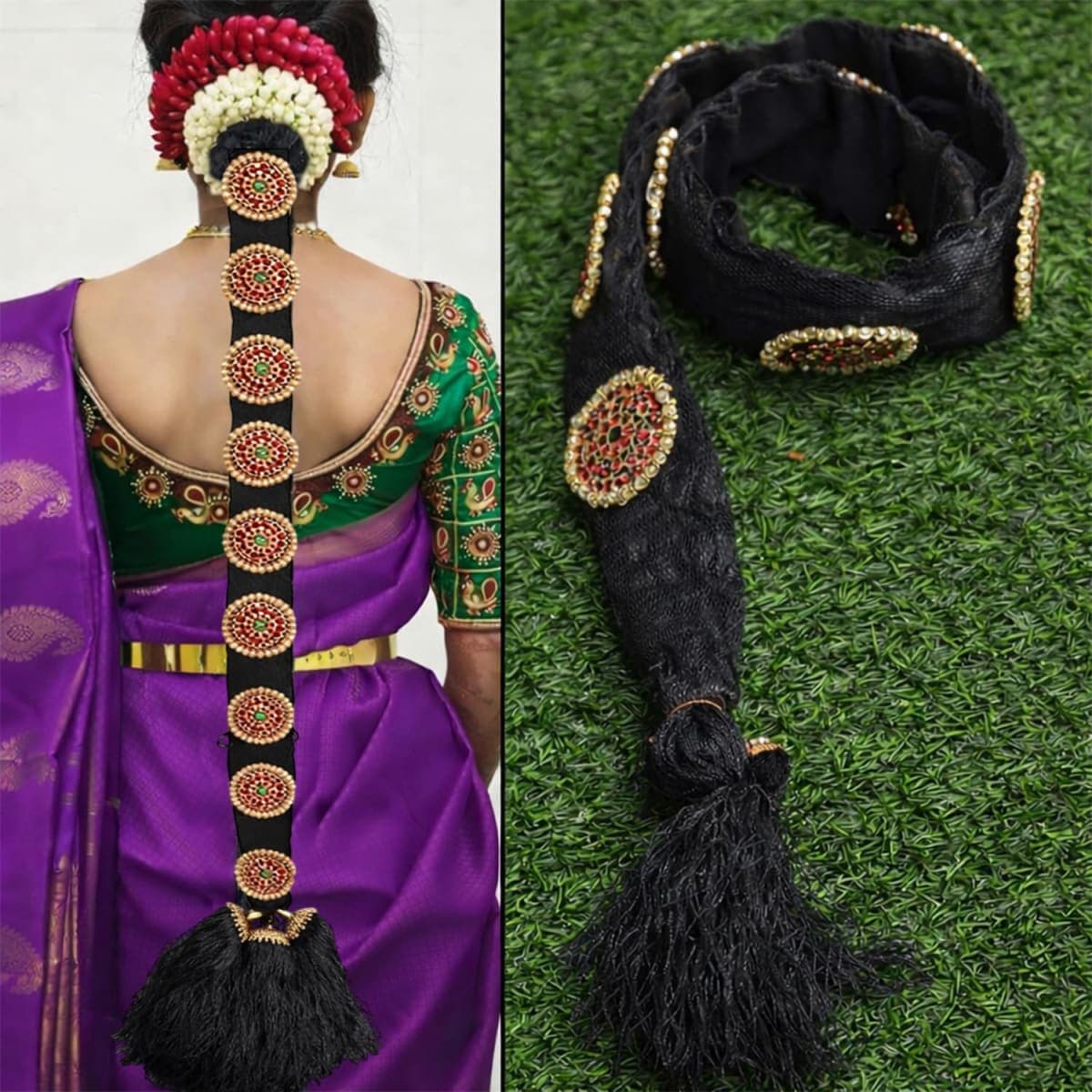 THANU'S CRAFT Bridal False Hair Choti Poola Jada Billalu Ornament Set Full Moon Shape Temple Jewellery Bharatanatyam Classical Dance Jewelry for Women. thumbnail 5