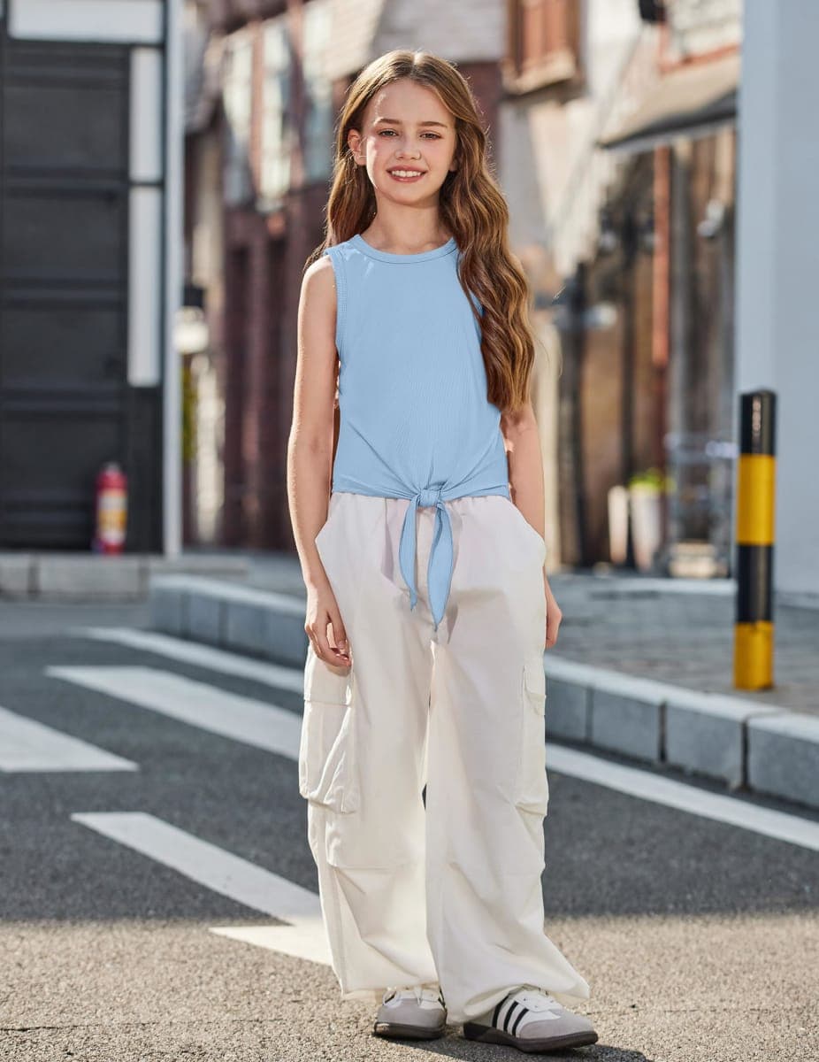 Arshiner Girl Tank Tops Sleeveless Kids Solid Color Shirt Casual Tee Summer Tie Knot Ribbed Knit Blouse Light Blue/White thumbnail 3