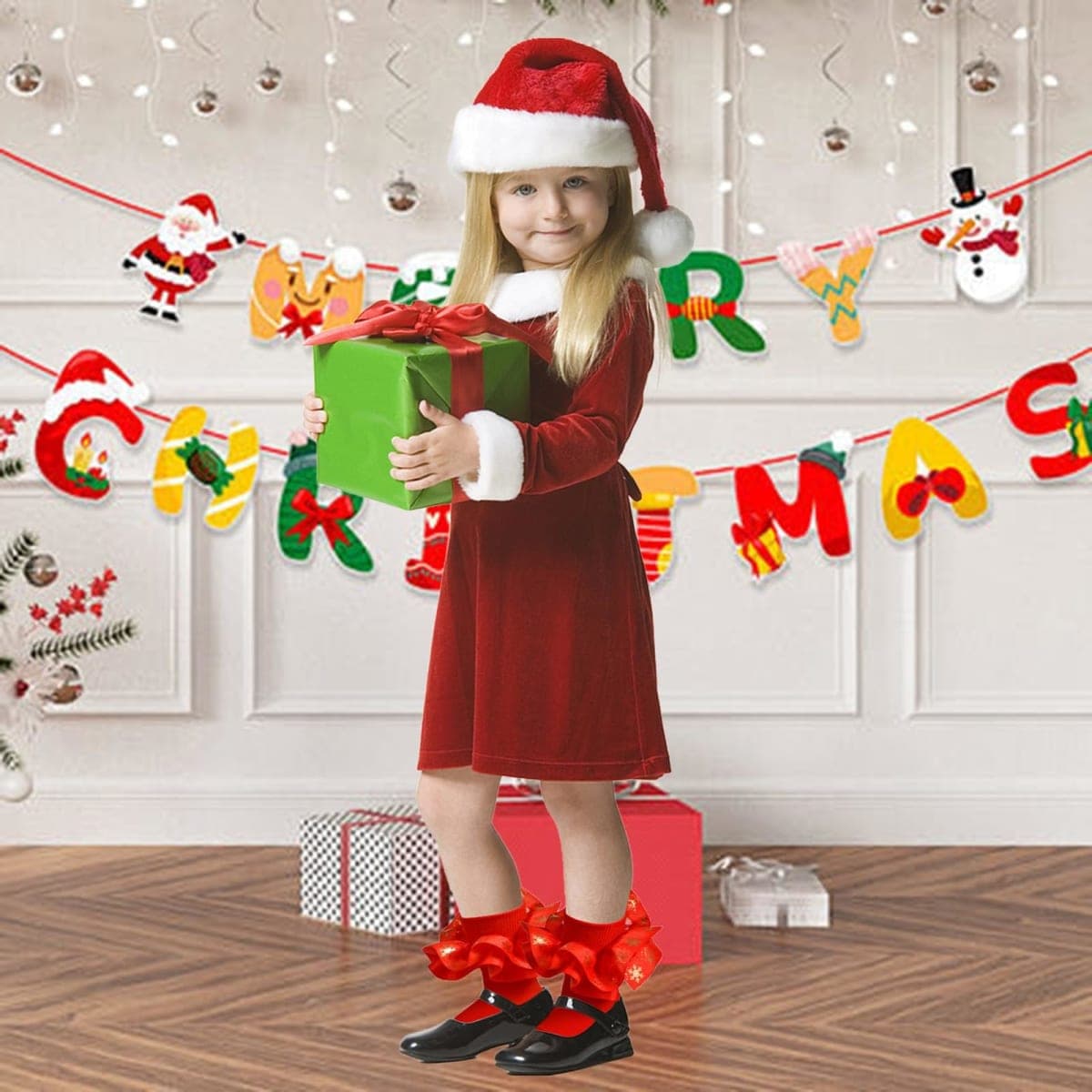 WBZOTSS Toddler Girls Christmas Lace Ruffle Dress Socks Cute Snowflake Big Ruffle Christmas Gift, Red -, 4-6 años thumbnail 3