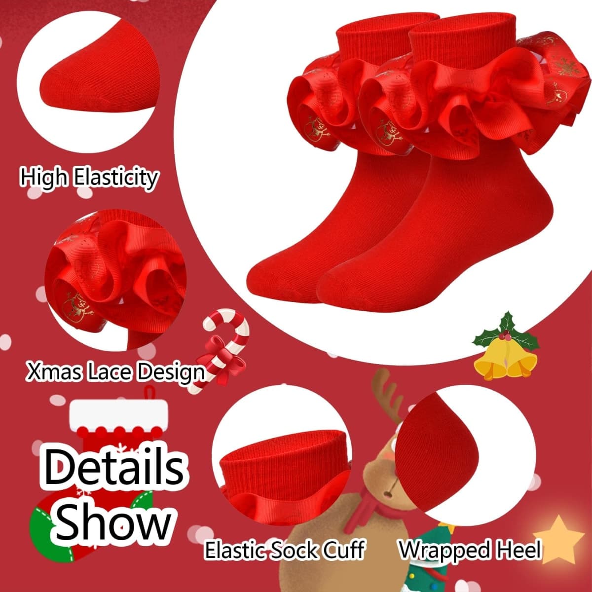 WBZOTSS Toddler Girls Christmas Lace Ruffle Dress Socks Cute Snowflake Big Ruffle Christmas Gift, Red -, 4-6 años thumbnail 5