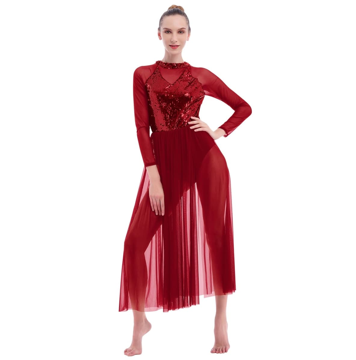 ODASDO Women Lyrical Dance Costumes Sequin Long Sleeve Mesh Tulle Flowy Maxi Long Dress Morden Contemporary Dancewear, Dark Red, X-Large thumbnail 2