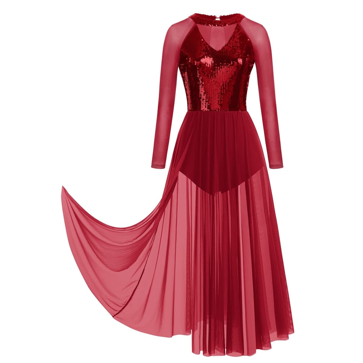 ODASDO Women Lyrical Dance Costumes Sequin Long Sleeve Mesh Tulle Flowy Maxi Long Dress Morden Contemporary Dancewear, Dark Red, X-Large thumbnail 3