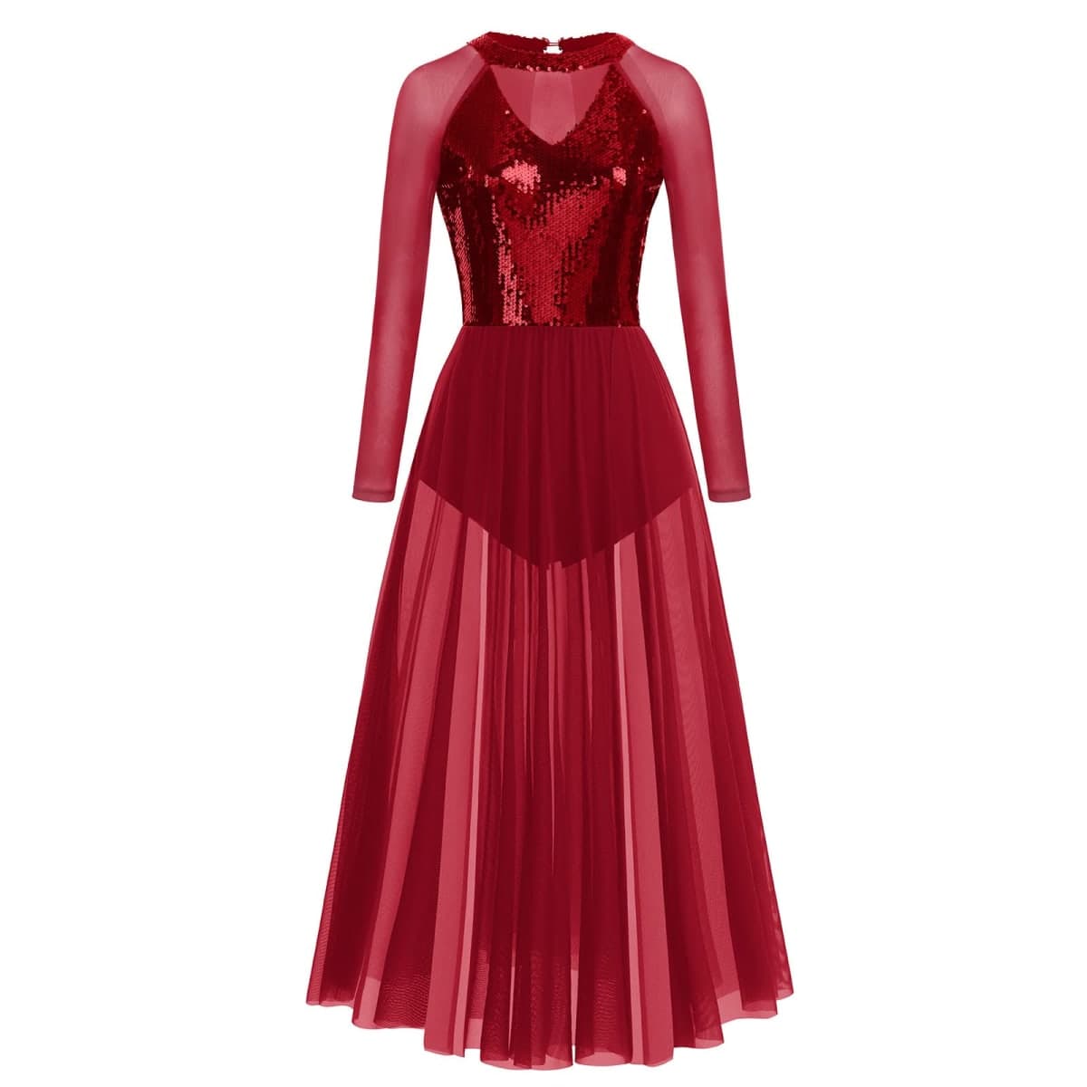 ODASDO Women Lyrical Dance Costumes Sequin Long Sleeve Mesh Tulle Flowy Maxi Long Dress Morden Contemporary Dancewear, Dark Red, X-Large thumbnail 4