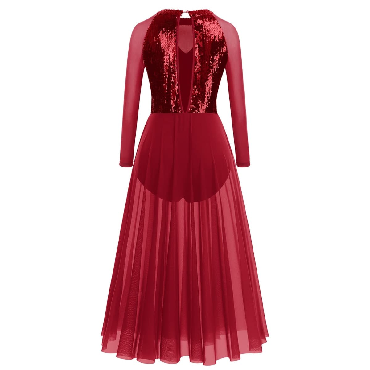 ODASDO Women Lyrical Dance Costumes Sequin Long Sleeve Mesh Tulle Flowy Maxi Long Dress Morden Contemporary Dancewear, Dark Red, X-Large thumbnail 5