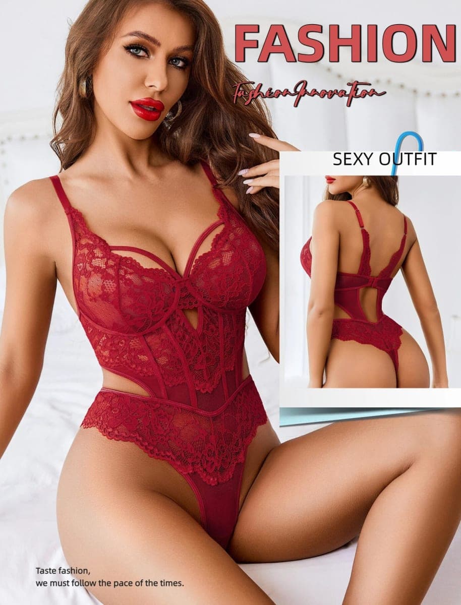 Avidlove Sexy Lingerie for Women Lace Bodysuit Teddy Lingeries V Neck Cut Out Snap Crotch Lingerie, Wine Red, Large thumbnail 2