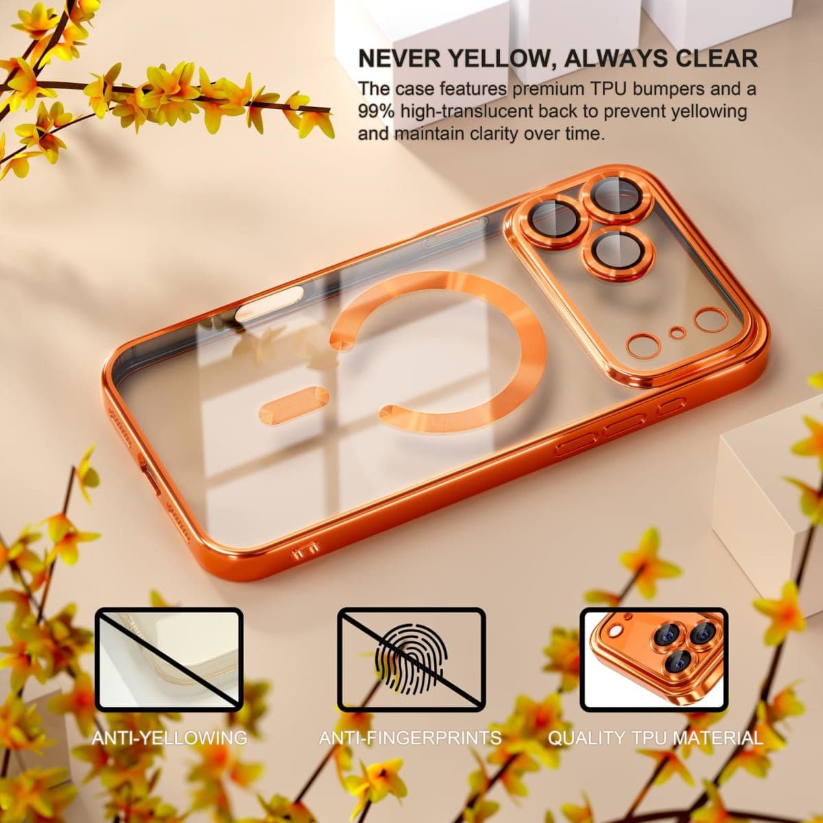 Misea Magnetic for iPhone 17 Pro Case Compatible with MagSafe [Never Yellowing] [Military Grade Drop Protection] Full Camera Lens Protector Plating Soft Clear Phone Case for Women, Cosmic Orange thumbnail 3