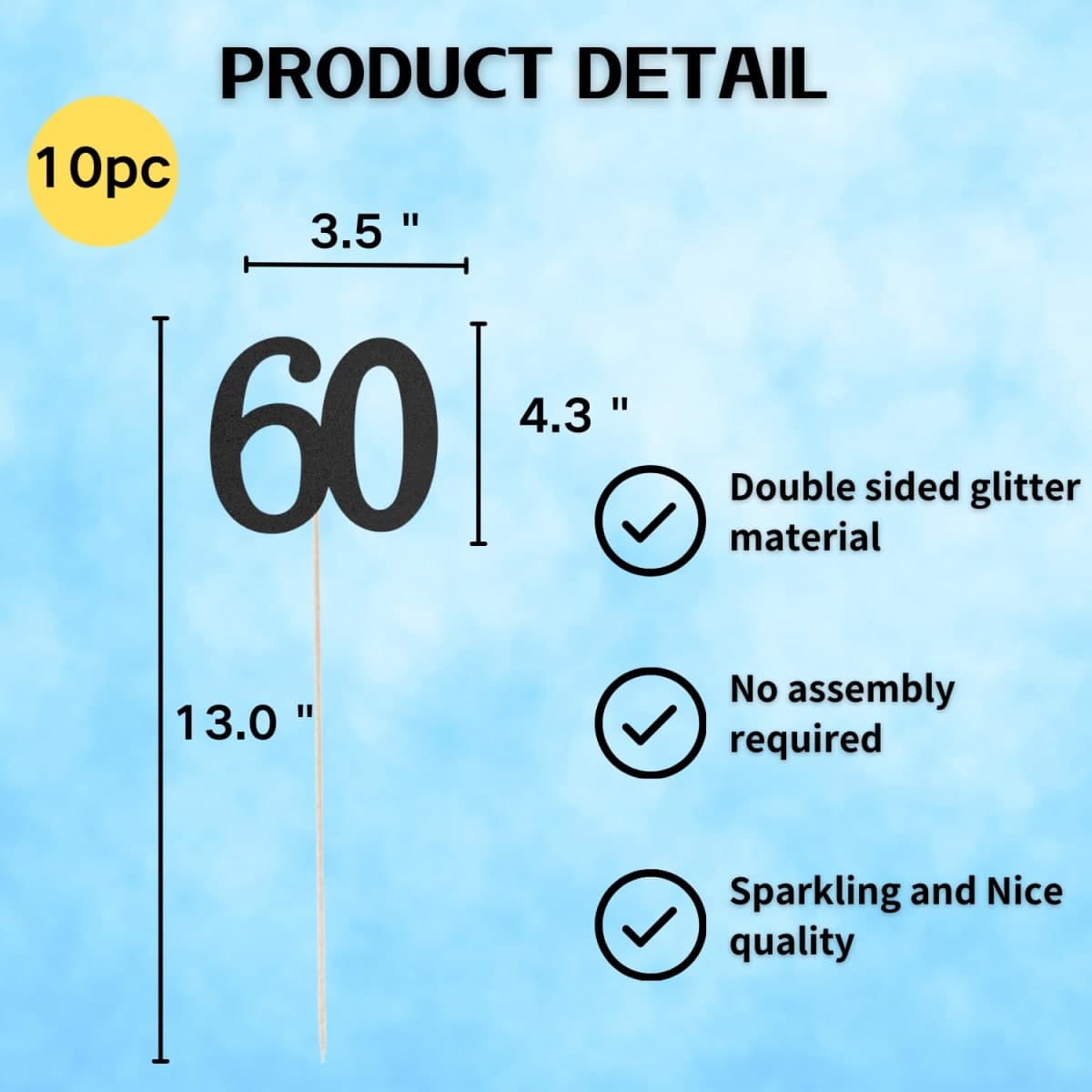 10-Pack Double Sided Glitter 60th Birthday Centerpiece Anniversary Centerpiece Sticks, Number 60 Table Topper Cake Topper for 60th Birthday Anniversary Table Party Decorations (black) thumbnail 2