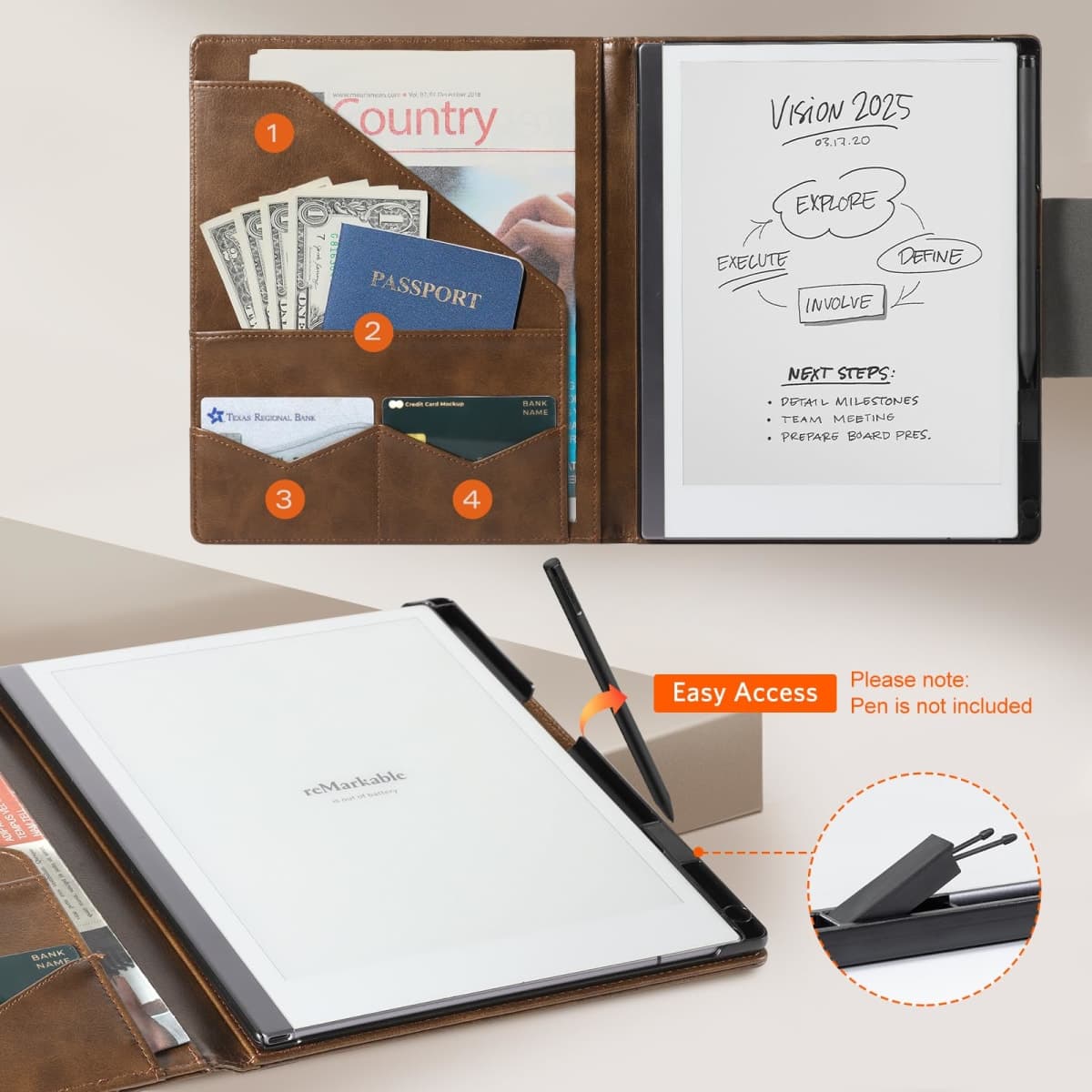 CoBak Premium PU Leather Case for 10.3" Remarkable 2 Tablet (2020) - Folder Design, Slim Hard Shell with Pen Holder, Brown Leather thumbnail 3