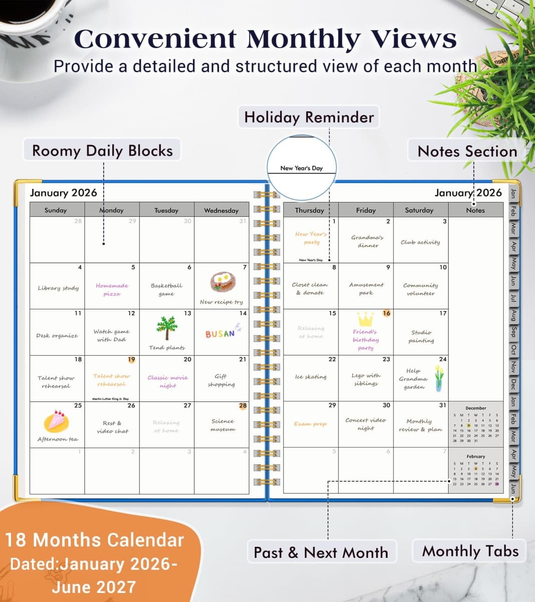 18 Month Weekly & Monthly 2026-2027, January 2026 -June 2027 Planner, 8.5" x 11" A4 Hardcover Daily Planner, Weekly & Monthly Agenda Book with Tab, Spiral Calendar Planner for Work School Home, Pink thumbnail 2
