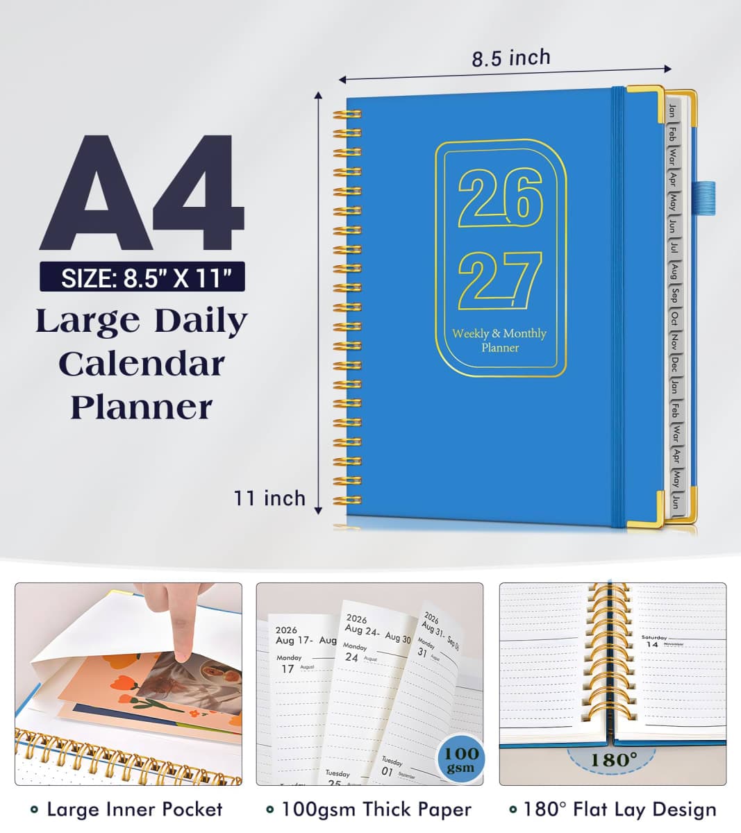 18 Month Weekly & Monthly 2026-2027, January 2026 -June 2027 Planner, 8.5" x 11" A4 Hardcover Daily Planner, Weekly & Monthly Agenda Book with Tab, Spiral Calendar Planner for Work School Home, Pink thumbnail 5