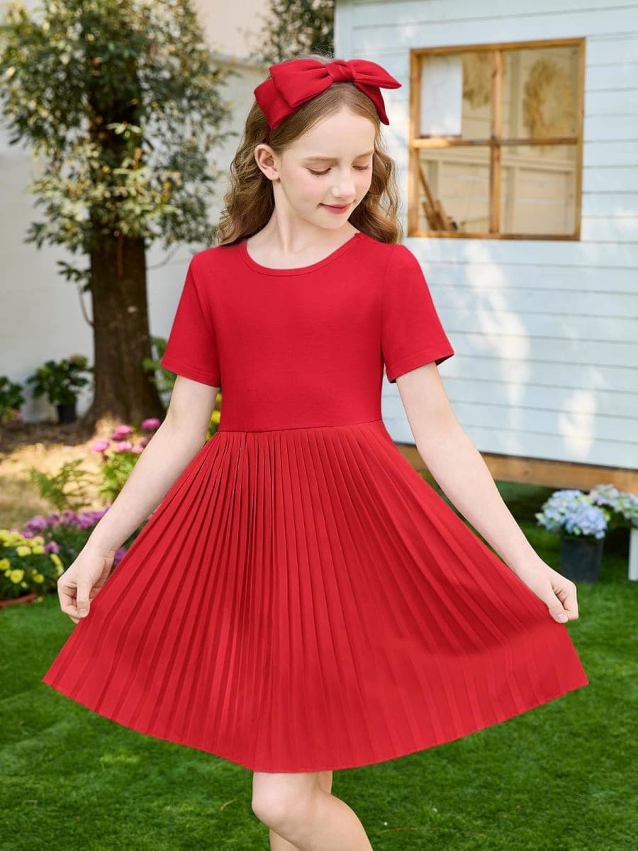 Haloumoning Girls Short Sleeve Summer Dress Kids Skater Twirl A Line Pleated T-Shirt Dresses 5-14 Years, Red, 7-8 Years thumbnail 2