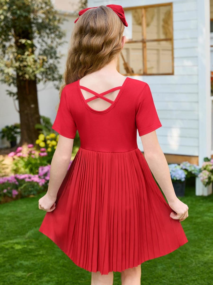Haloumoning Girls Short Sleeve Summer Dress Kids Skater Twirl A Line Pleated T-Shirt Dresses 5-14 Years, Red, 7-8 Years thumbnail 3