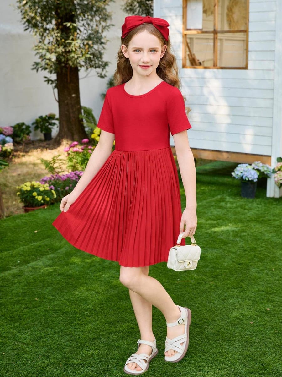 Haloumoning Girls Short Sleeve Summer Dress Kids Skater Twirl A Line Pleated T-Shirt Dresses 5-14 Years, Red, 7-8 Years thumbnail 4