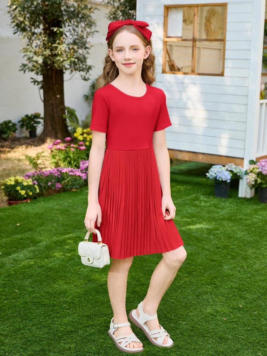 Haloumoning Girls Short Sleeve Summer Dress Kids Skater Twirl A Line Pleated T-Shirt Dresses 5-14 Years, Red, 7-8 Years thumbnail 5