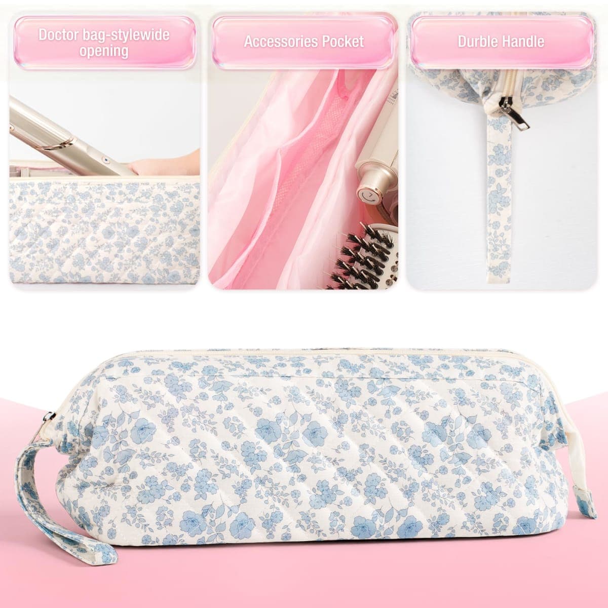 Voryssent Quilted Hair Tool Travel Bag, Shark Flex Style Travel Case For Dyson Hair Dryer Airwrap Bag, Curling Iron Bags Quilted For Shark Dyson Revlon Organizer Accessories (Blue flowers) thumbnail 4