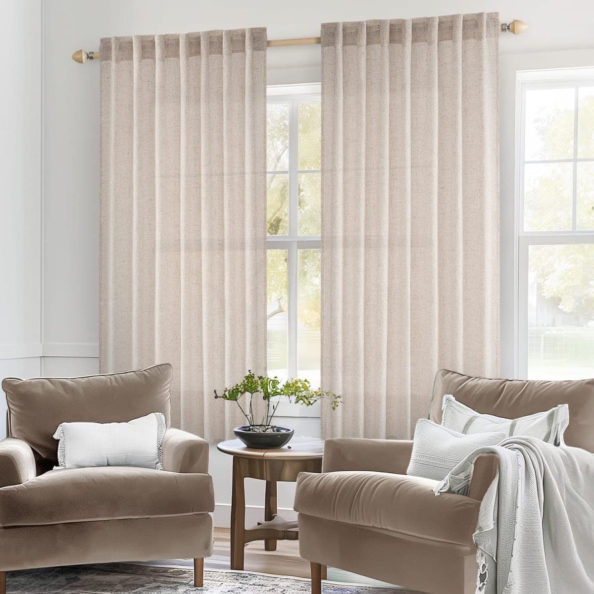 MIULEE Natural White Linen Curtains 63 Inch Length 2 Panels for Bedroom Living Room, Soft Thick Linen Textured Window Drapes Semi Sheer Light Filtering Back Tab Rod Pocket Burlap Look Decor thumbnail 2