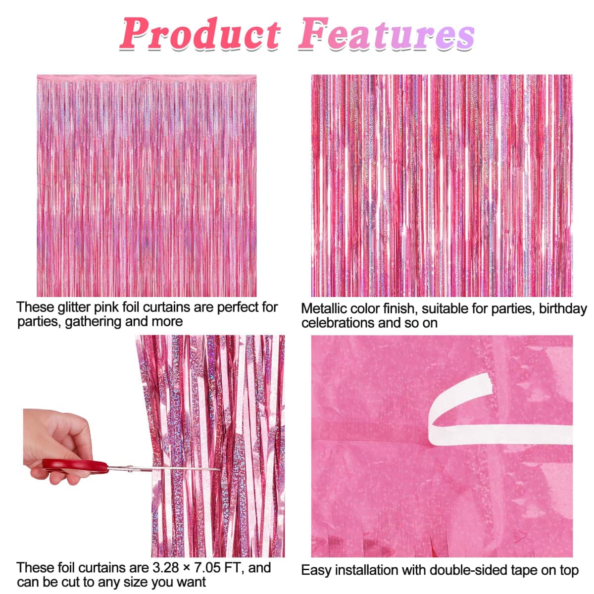 2 Pack Glitter Pink Backdrop, 3.28 FT x 7.05 FT Valentines Party Decorations, Laser Pink Fringe Curtains Foil Streamer Tinsel Backdrop, Pink Curtains Valentines Photo Backdrop Happy Birthday Backdrop thumbnail 4