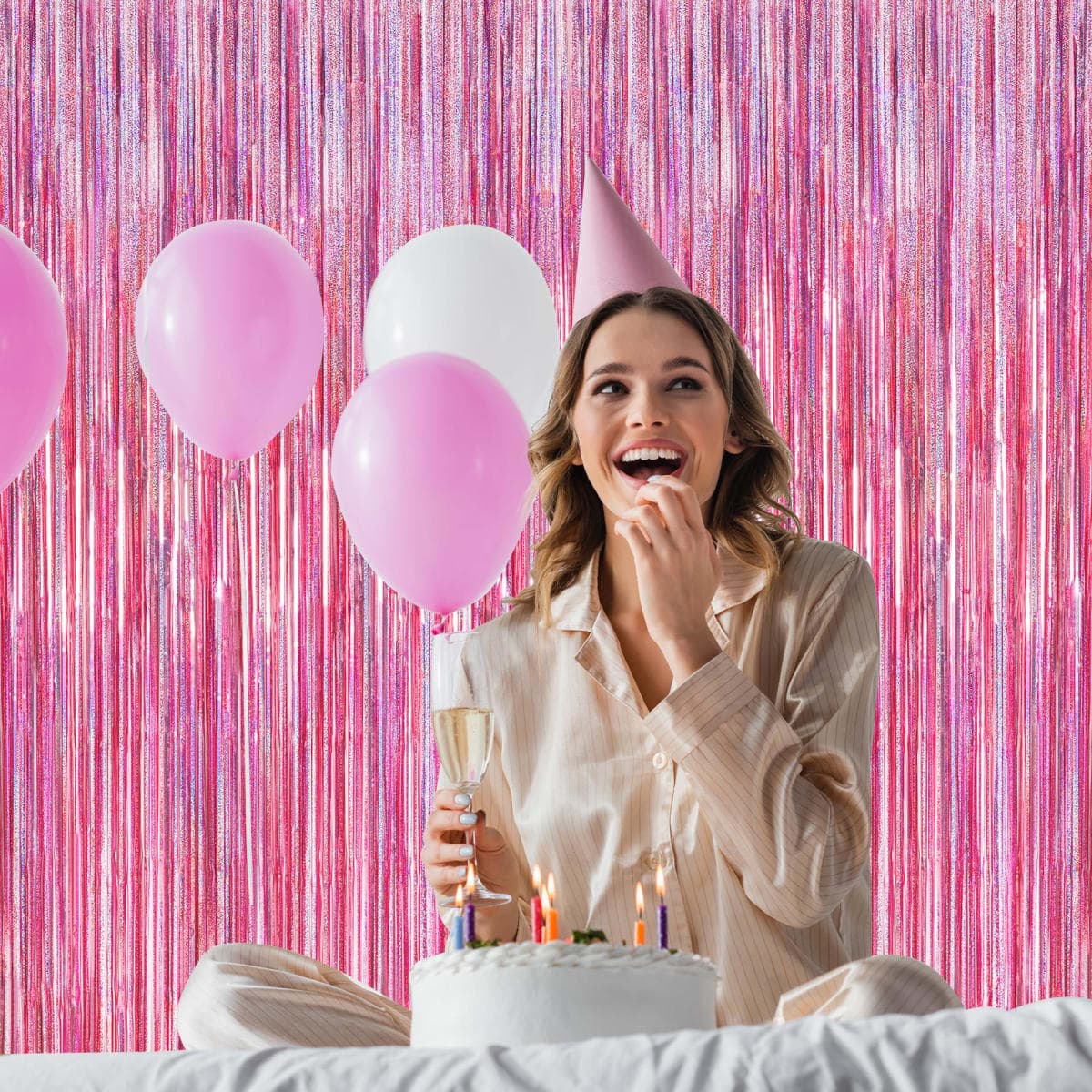 2 Pack Glitter Pink Backdrop, 3.28 FT x 7.05 FT Valentines Party Decorations, Laser Pink Fringe Curtains Foil Streamer Tinsel Backdrop, Pink Curtains Valentines Photo Backdrop Happy Birthday Backdrop thumbnail 5