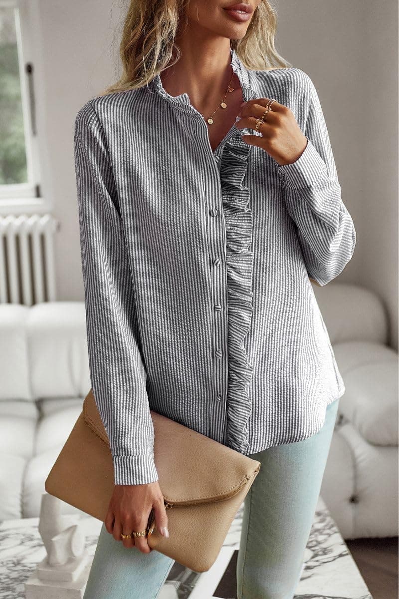 XQR Women's Ruffle Trim Button Up Long Sleeve Blouse Top Striped Stand Collar Elegant Work Shirt, Black, X-Large thumbnail 2