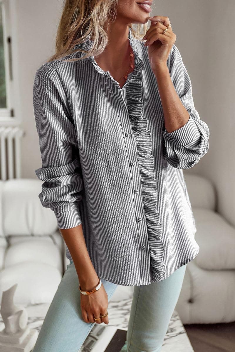 XQR Women's Ruffle Trim Button Up Long Sleeve Blouse Top Striped Stand Collar Elegant Work Shirt, Black, X-Large thumbnail 3