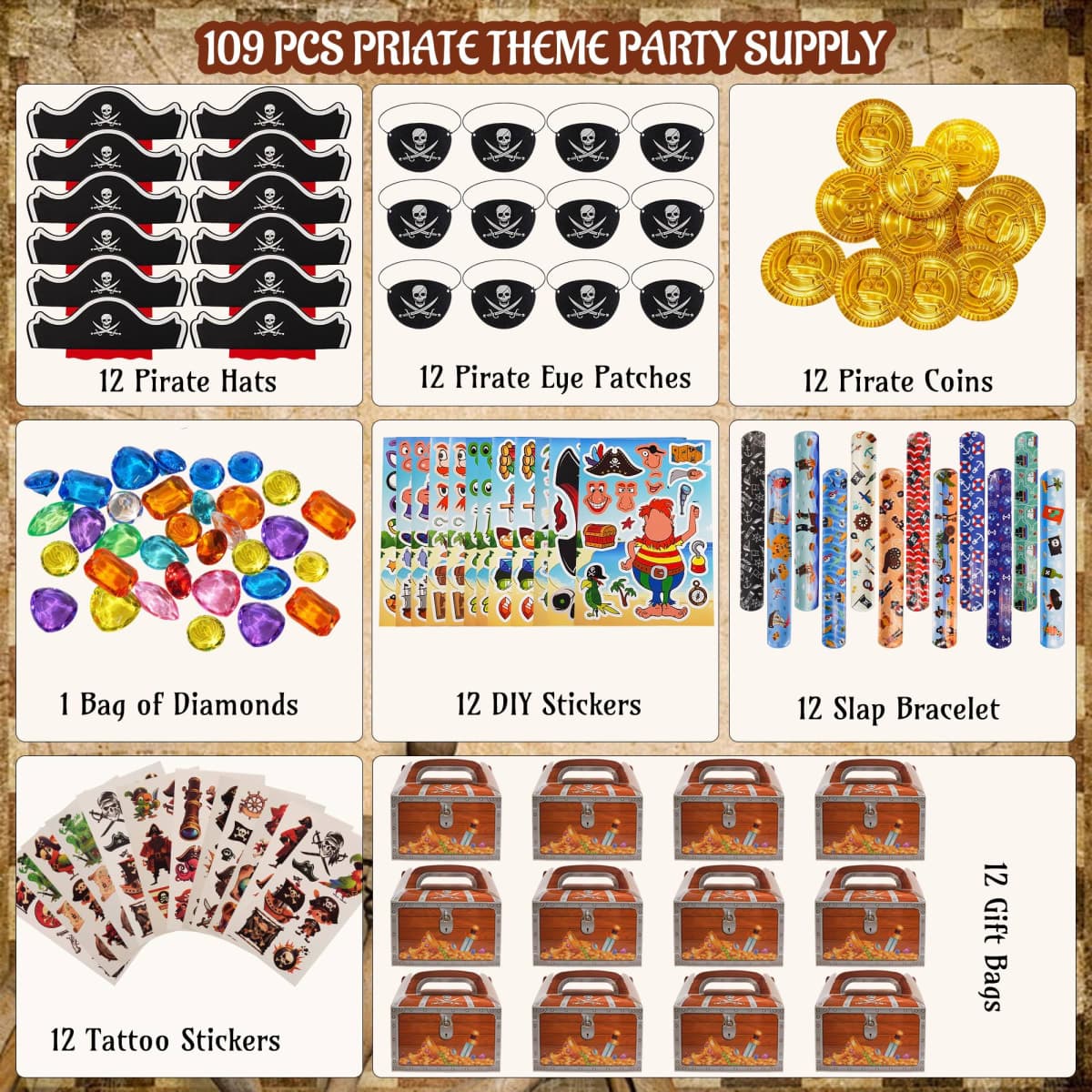 HandTool Pirate Party Favors Include Tattoo stickers Wristbands Diamonds Pirate Coins DIY Stickers Pirate Eye Patch and Hat Gift Box, for Kids Adults Pirate Themed Party Accessories Decorations thumbnail 2