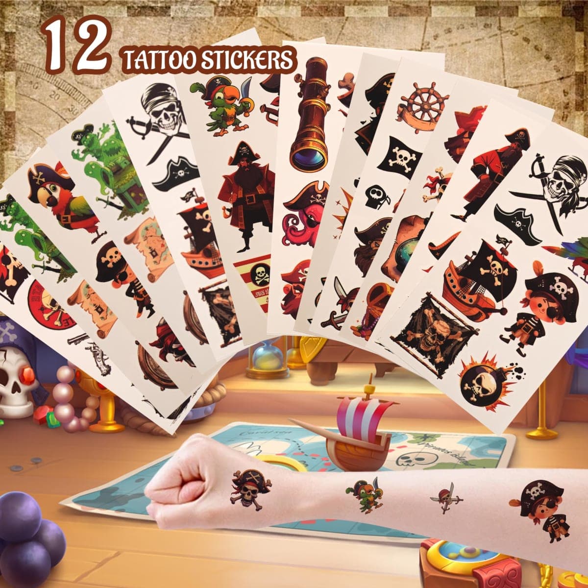 HandTool Pirate Party Favors Include Tattoo stickers Wristbands Diamonds Pirate Coins DIY Stickers Pirate Eye Patch and Hat Gift Box, for Kids Adults Pirate Themed Party Accessories Decorations thumbnail 5