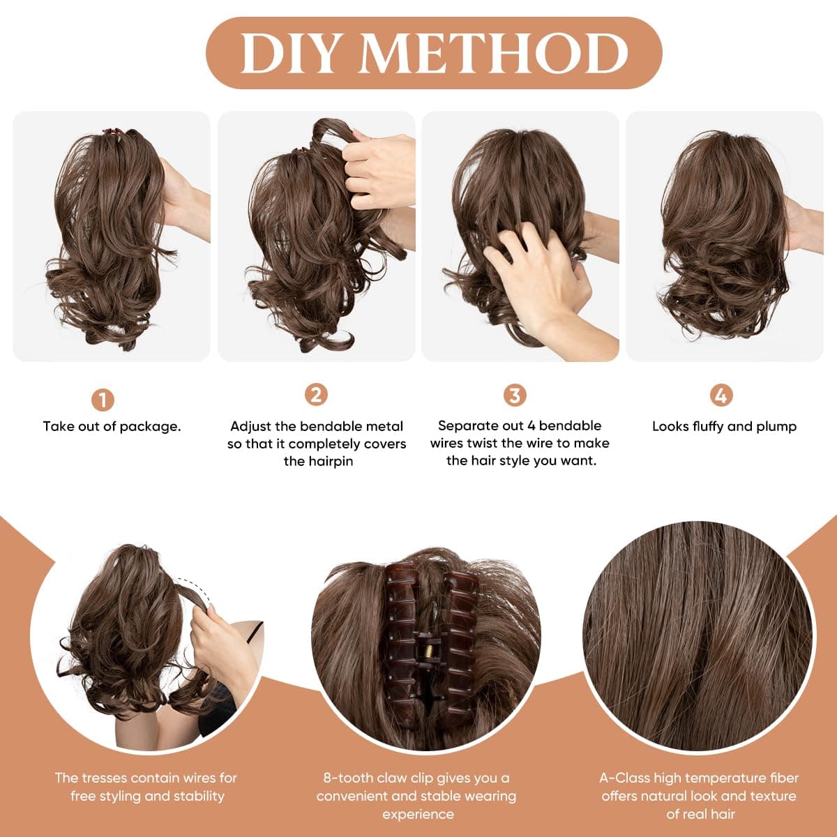 CJL HAIR Claw Clip Short Ponytail Hair Extensions DIY Bendable Metals Messy Bun Hair Piece for Wonen Wavy Curly Synthetic Fake Hairpieces Brunette/Ash Blonde thumbnail 3