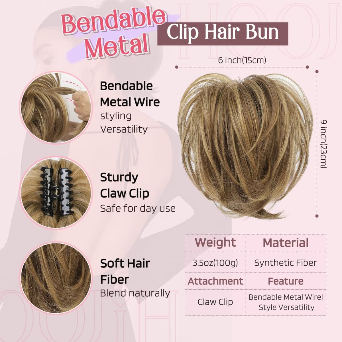 HOOJIH Messy Bun Hair Piece, Claw Clip in Straight Hair Bun 9 Inch Short Ponytail Extension with Bendable Metal Wire Hair Pieces for Women Fake Pony DIY Styles - Medium Brown with Blonde Highlights thumbnail 2
