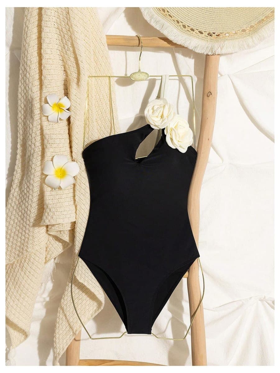 SHENHE Women's Cut Out One Piece Swimsuit 3D Floral One Shoulder Tummy Control Bathing Suits, Black and White, Medium thumbnail 3