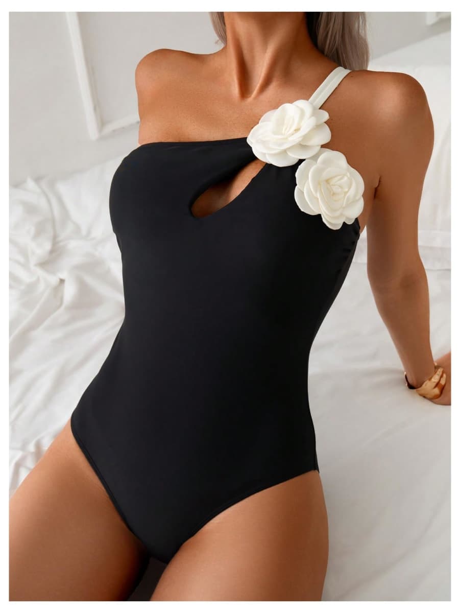 SHENHE Women's Cut Out One Piece Swimsuit 3D Floral One Shoulder Tummy Control Bathing Suits, Black and White, Medium thumbnail 5