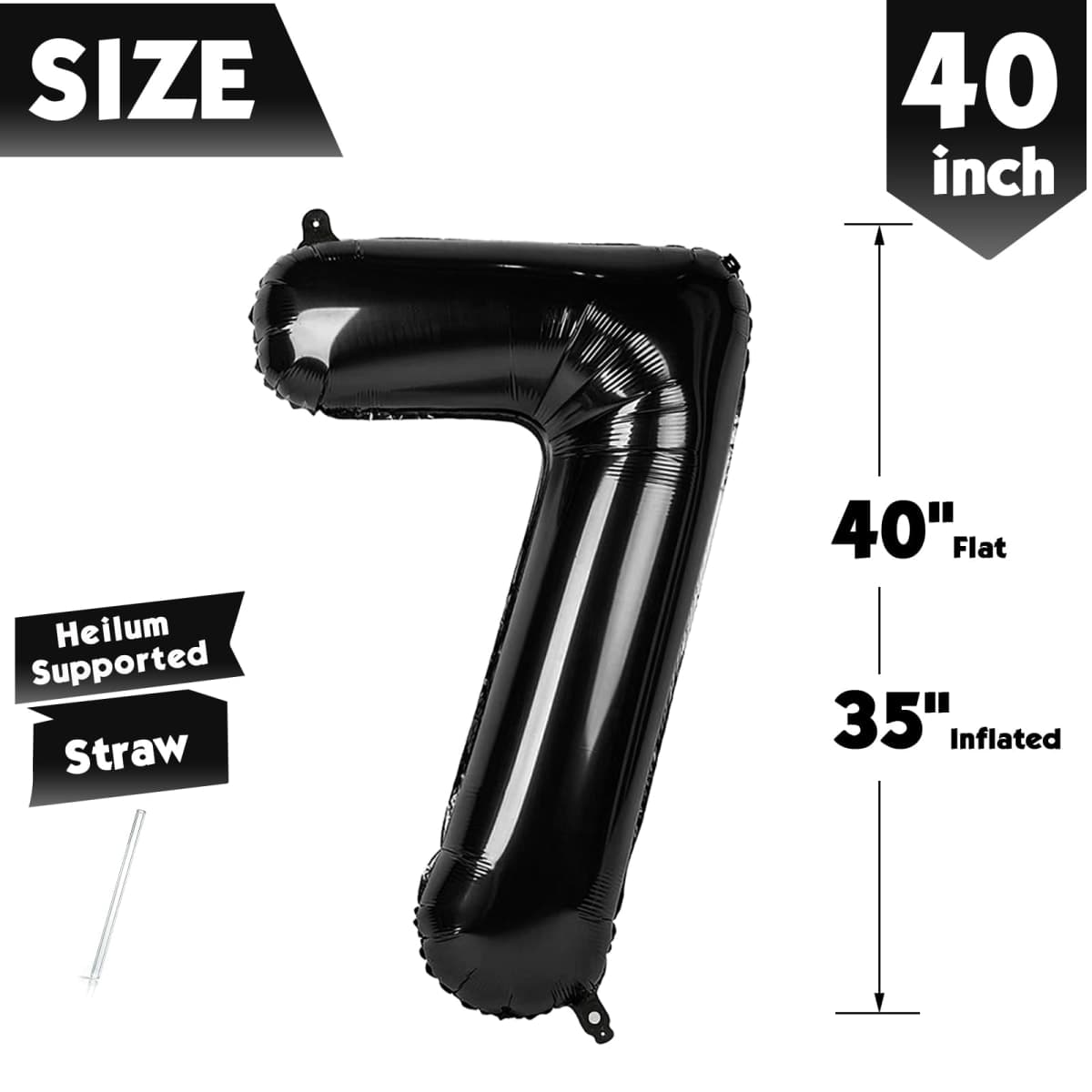 40 Inch Black Number 7 Balloon, Giant 7 Number Balloons for 7th Birthday Decorations, Party Supplies, Black Party Decor thumbnail 5